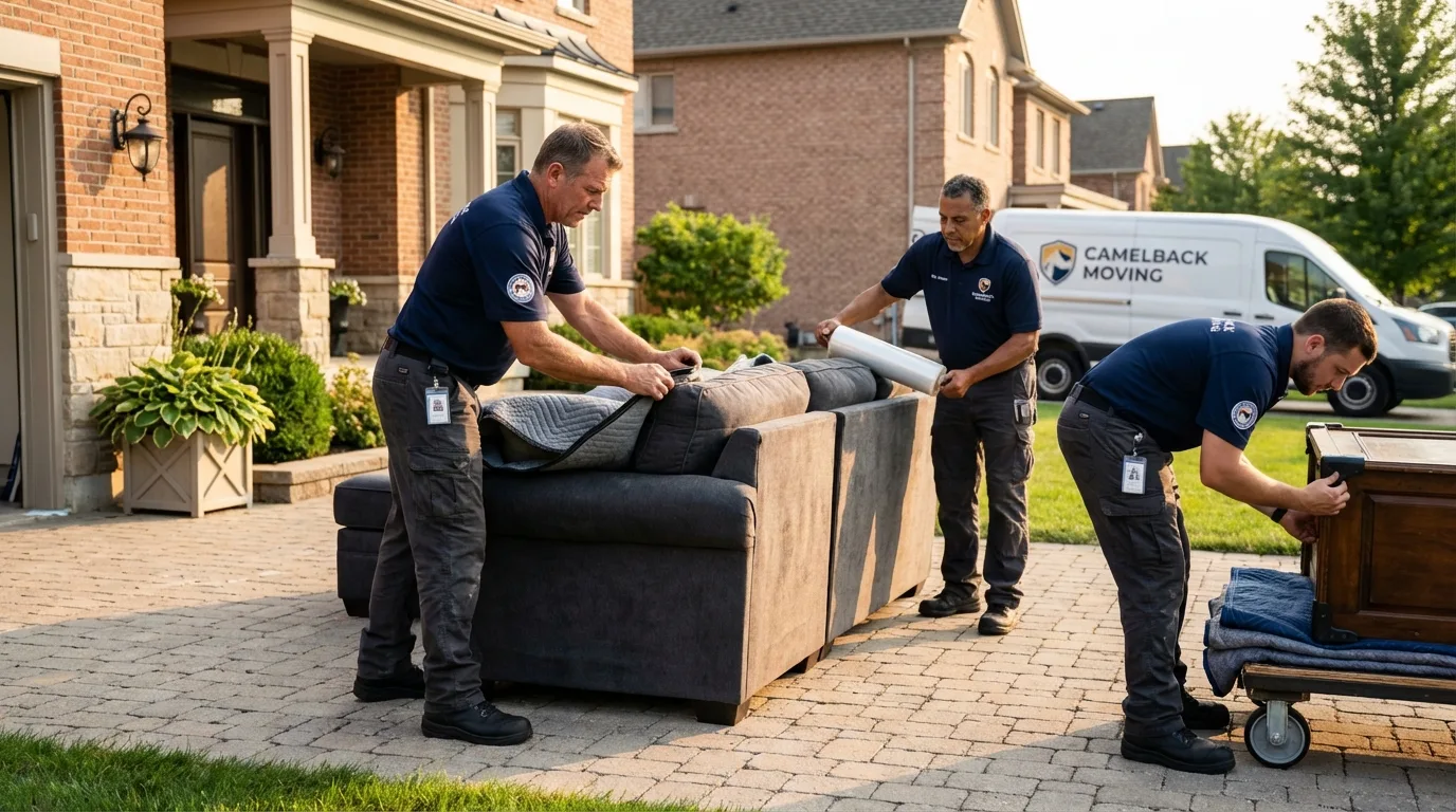 Large estate moving crew wrapping furniture in Carle Place, NY