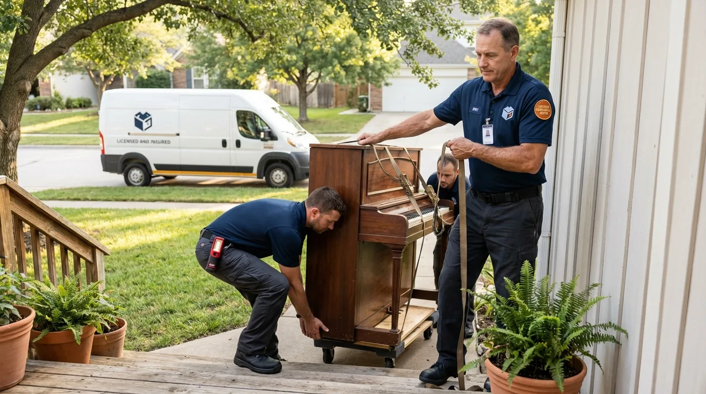 Licensed piano movers securing grand piano in Carle Place, NY