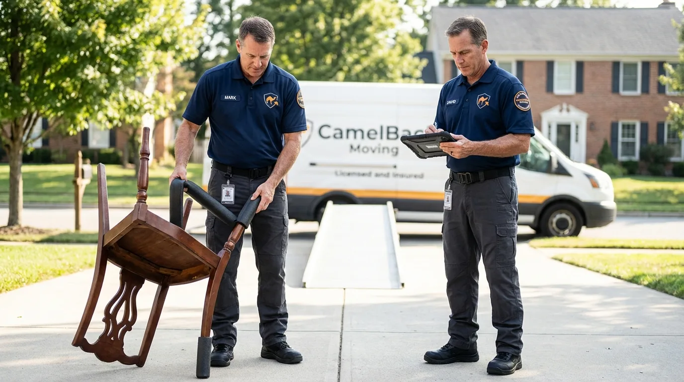 Movers inspecting furniture for damage prevention before loading in Carle Place, NY