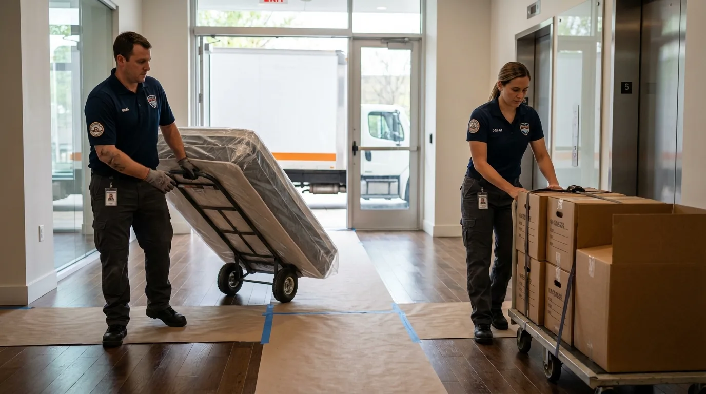 Professional apartment movers loading elevator in Carle Place, NY