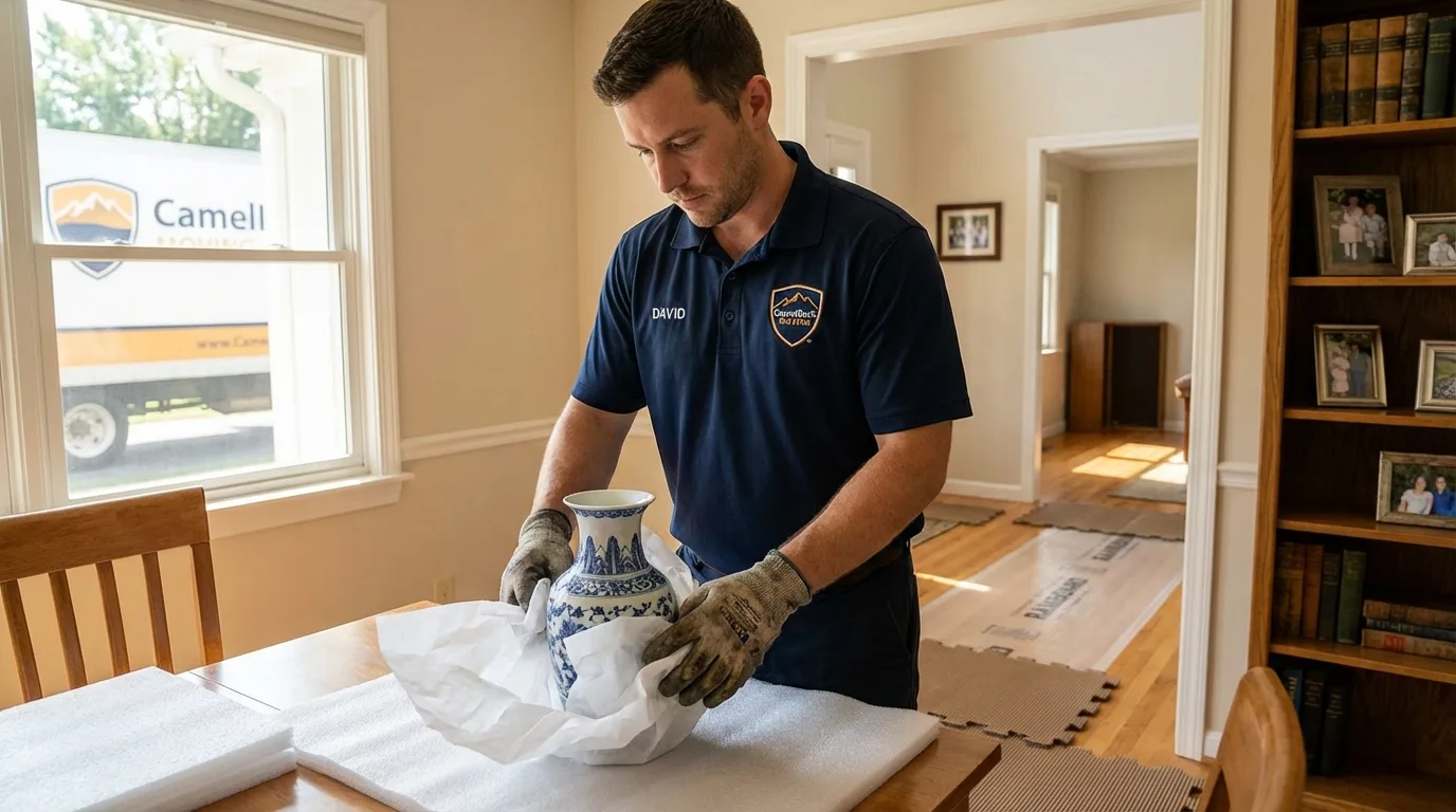 Professional crew carefully wrapping antique vase for senior downsizing move in Carle Place, NY