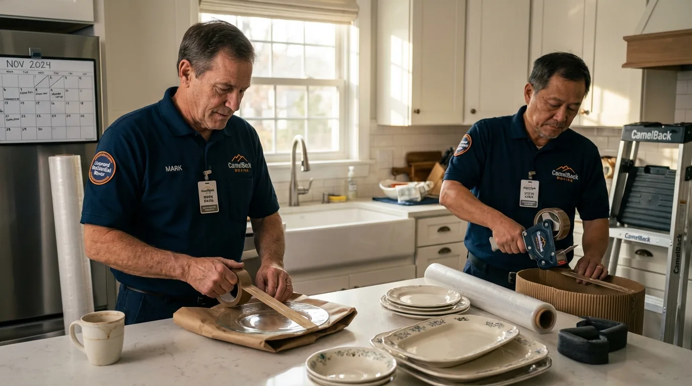 Professional crew packing kitchen dishware in Carle Place, NY